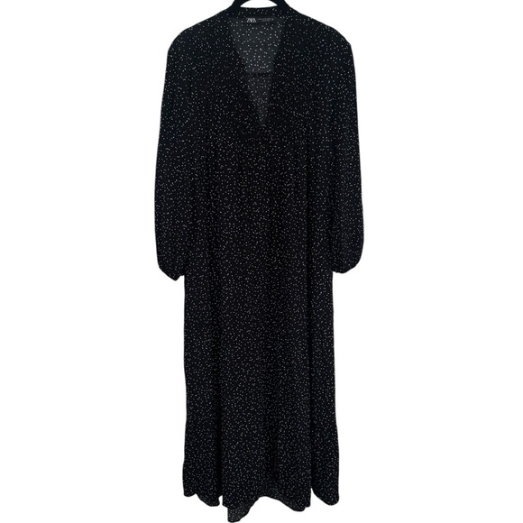 Zara Black and White Polka Dot Deep V-Neck Midi Dress Size XL - Picture 3 of 11